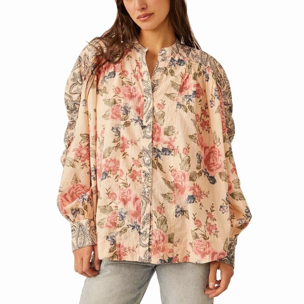 Free People Womens Beige Maraya Floral Paisley Puff Sleeve Blouse Boho Small